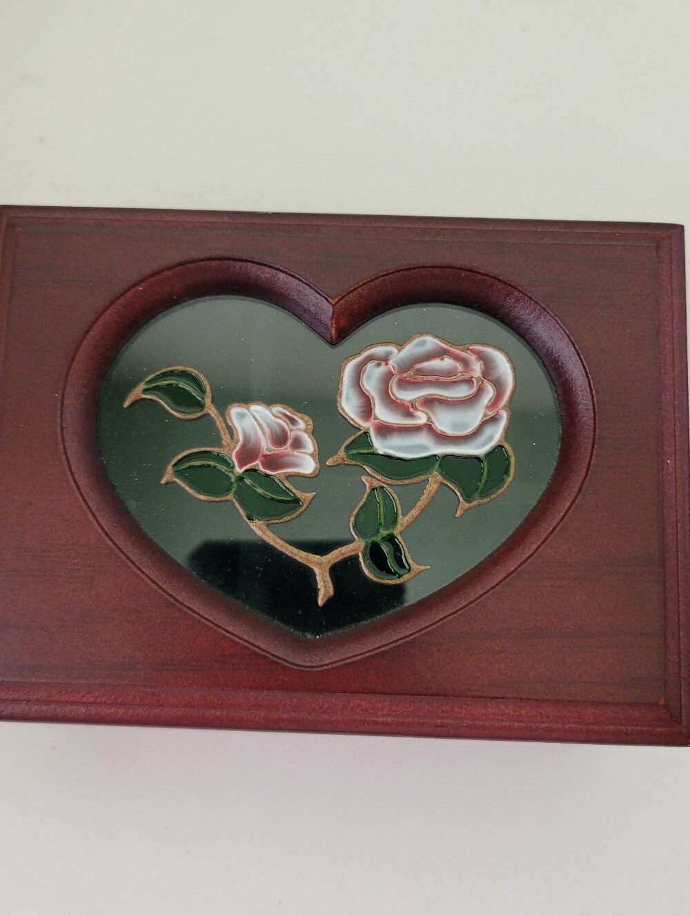 Cherry Finish Wooden Jewelry Box With Painted Flowers Glass & Plush Green Lining